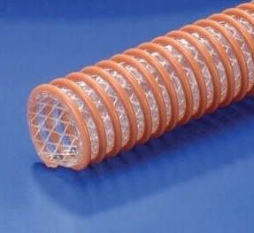 Caurspīdīga PVC šļūtene, kas pastiprināta ar pītu tekstila dziju un cietas plastmasas spirāli